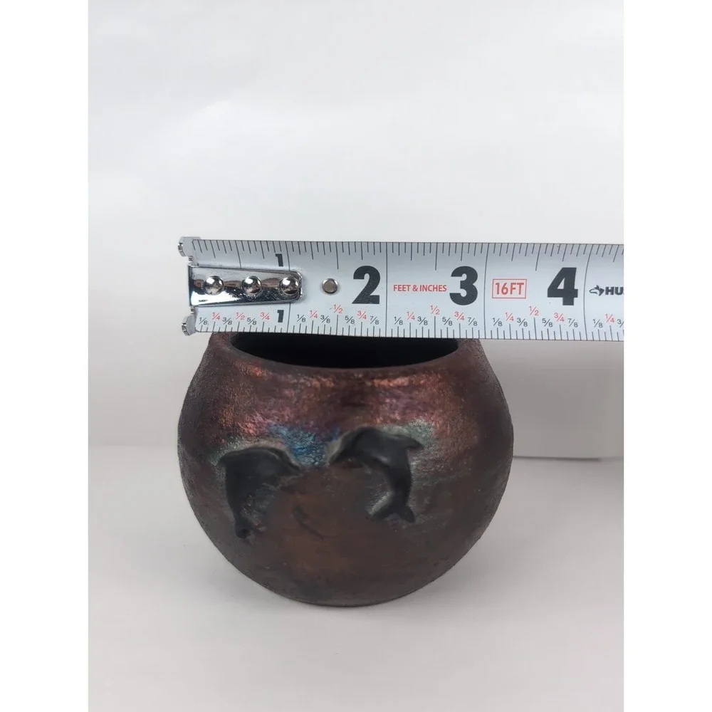 Raku Pottery Iridescent Vase W/ Dolphins, Artist Signed CAM  2.5